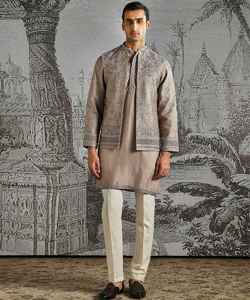 Champagne embroidered raw silk kurta bundi set
