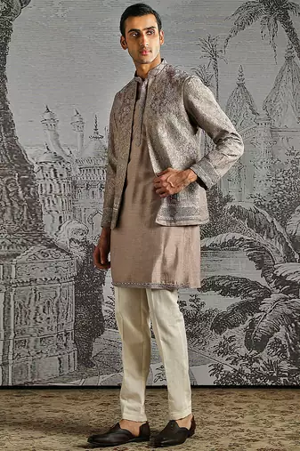 grey embroidered raw silk kurta bundi set for men
