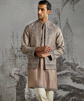 grey embroidered raw silk kurta bundi set for men 3