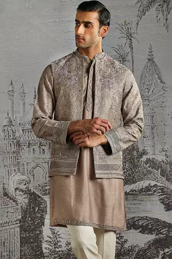 grey embroidered raw silk kurta bundi set for men