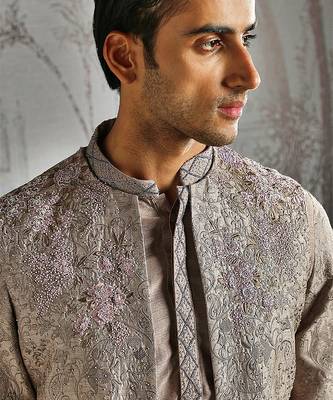 grey embroidered raw silk kurta bundi set for men 4