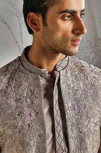 grey embroidered raw silk kurta bundi set for men