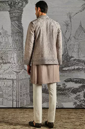 grey embroidered raw silk kurta bundi set for men