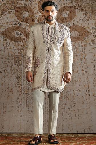 Beige embroidered raw silk indo western set