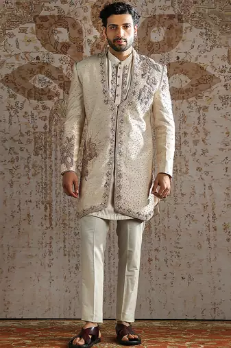 Beige embroidered raw silk indo western set