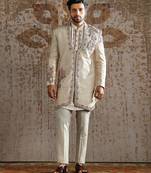 Beige embroidered raw silk indo western set