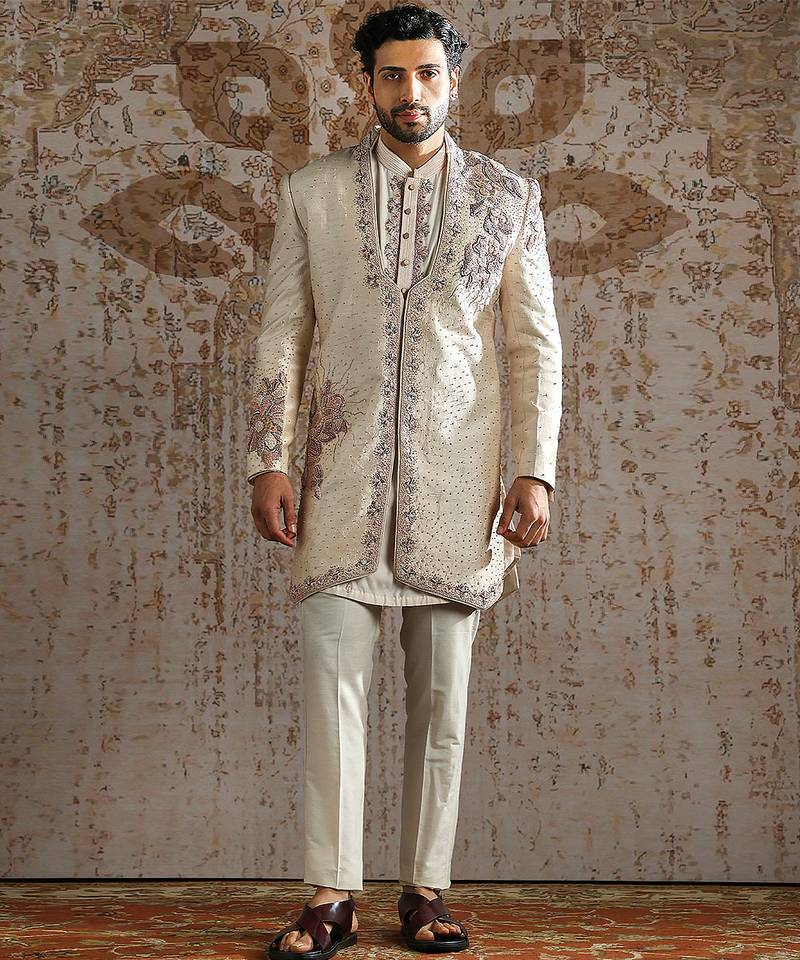 Beige embroidered raw silk indo western set
