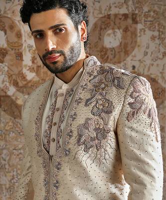beige embroidered raw silk indo western set for men 2