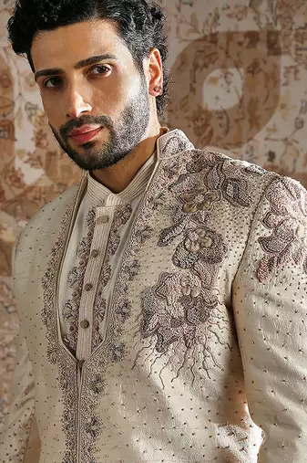 beige embroidered raw silk indo western set for men