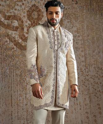 beige embroidered raw silk indo western set for men 3