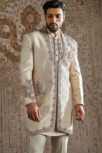 beige embroidered raw silk indo western set for men