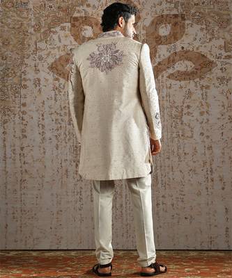 beige embroidered raw silk indo western set for men 4
