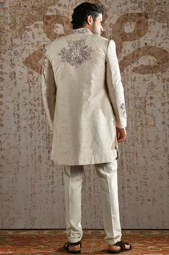 beige embroidered raw silk indo western set for men