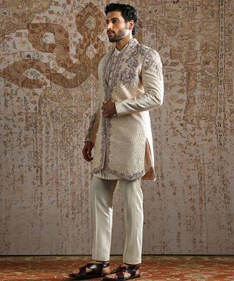beige embroidered raw silk indo western set for men 5