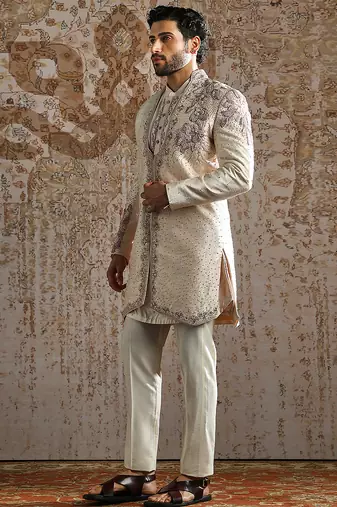 beige embroidered raw silk indo western set for men