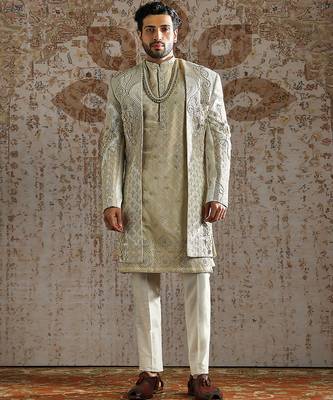 white embroidered raw silk sherwani for men 1