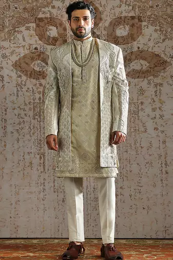 Ivory embroidered raw silk sherwani