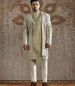 Ivory embroidered raw silk sherwani