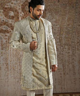 white embroidered raw silk sherwani for men 2