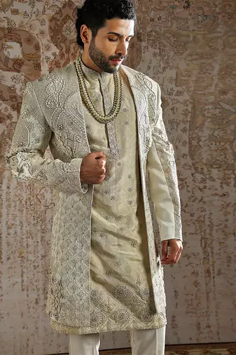 white embroidered raw silk sherwani for men