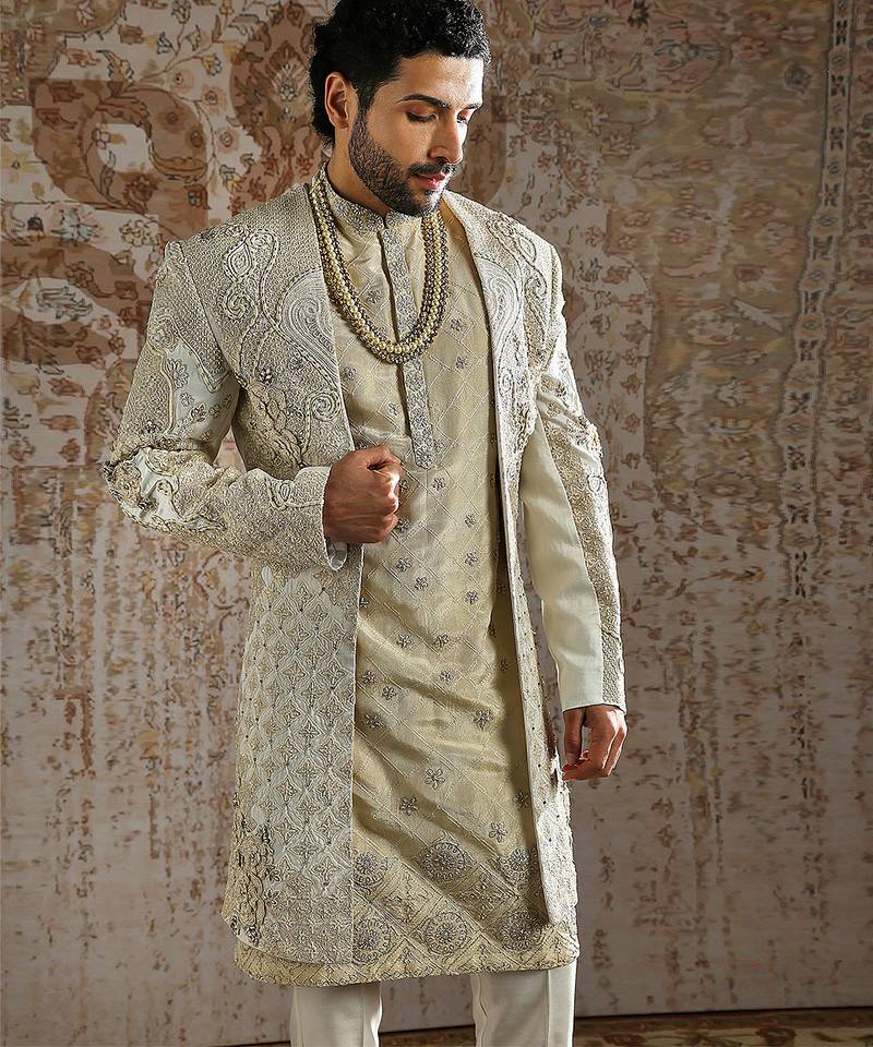 Ivory embroidered raw silk sherwani