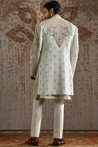 white embroidered raw silk sherwani for men