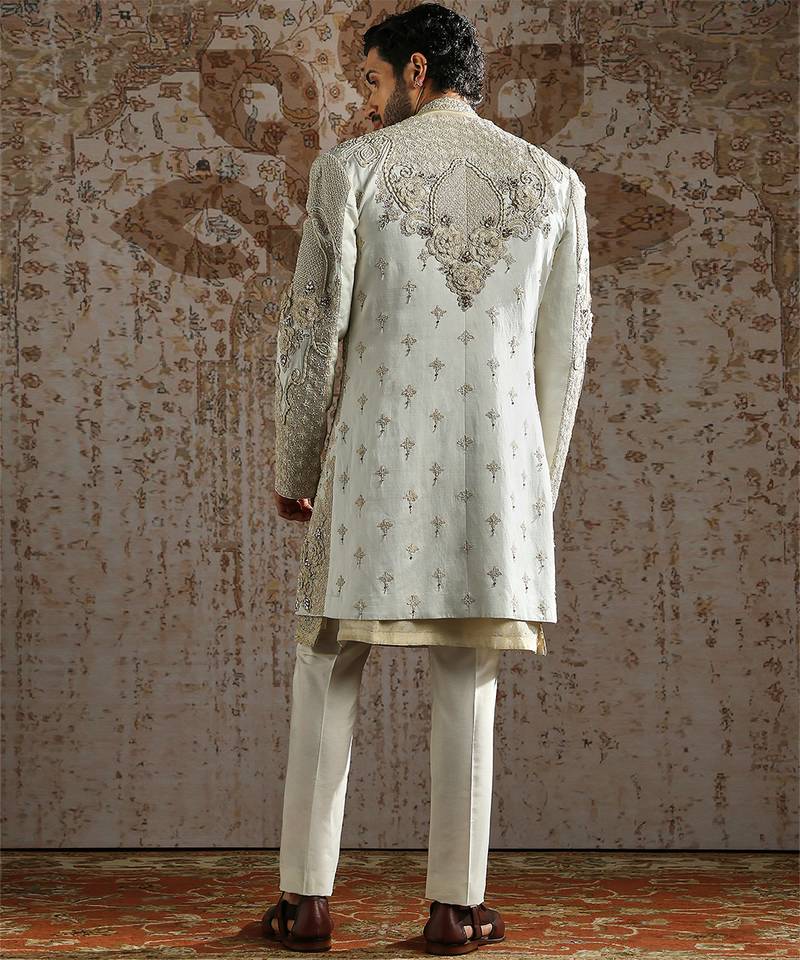 Ivory embroidered raw silk sherwani