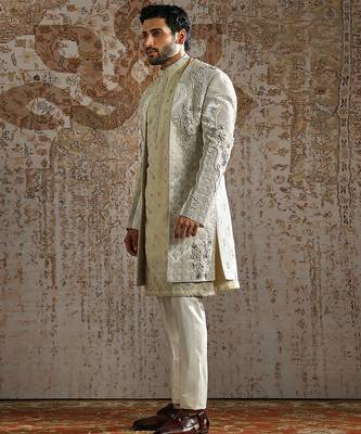 white embroidered raw silk sherwani for men 4