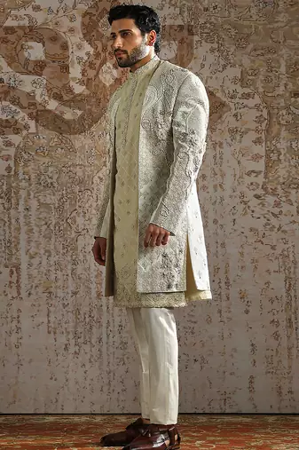white embroidered raw silk sherwani for men
