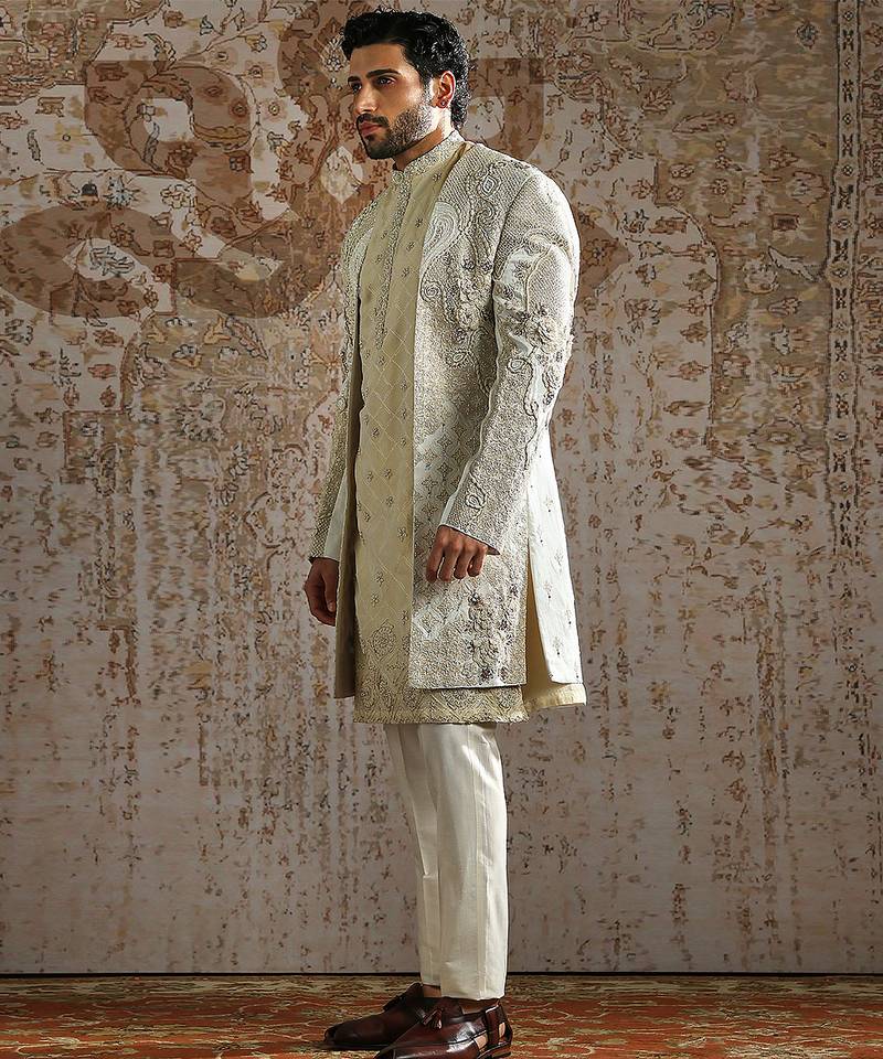 Ivory embroidered raw silk sherwani