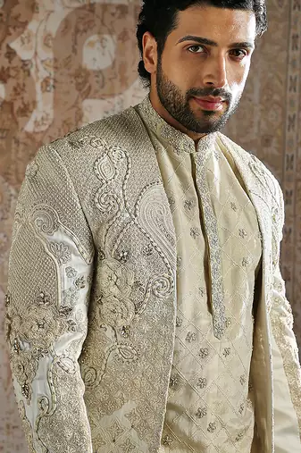 white embroidered raw silk sherwani for men