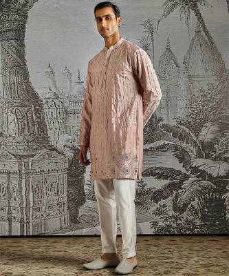 pink work chanderi silk kurta set for men 1