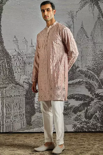 Blush Pink embroidered chanderi silk kurta set