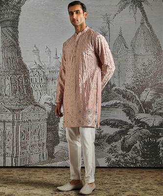 pink work chanderi silk kurta set for men 2