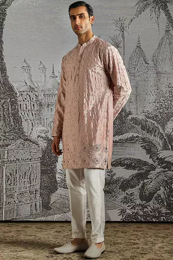 pink work chanderi silk kurta set for men