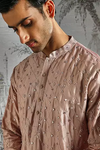 pink work chanderi silk kurta set for men