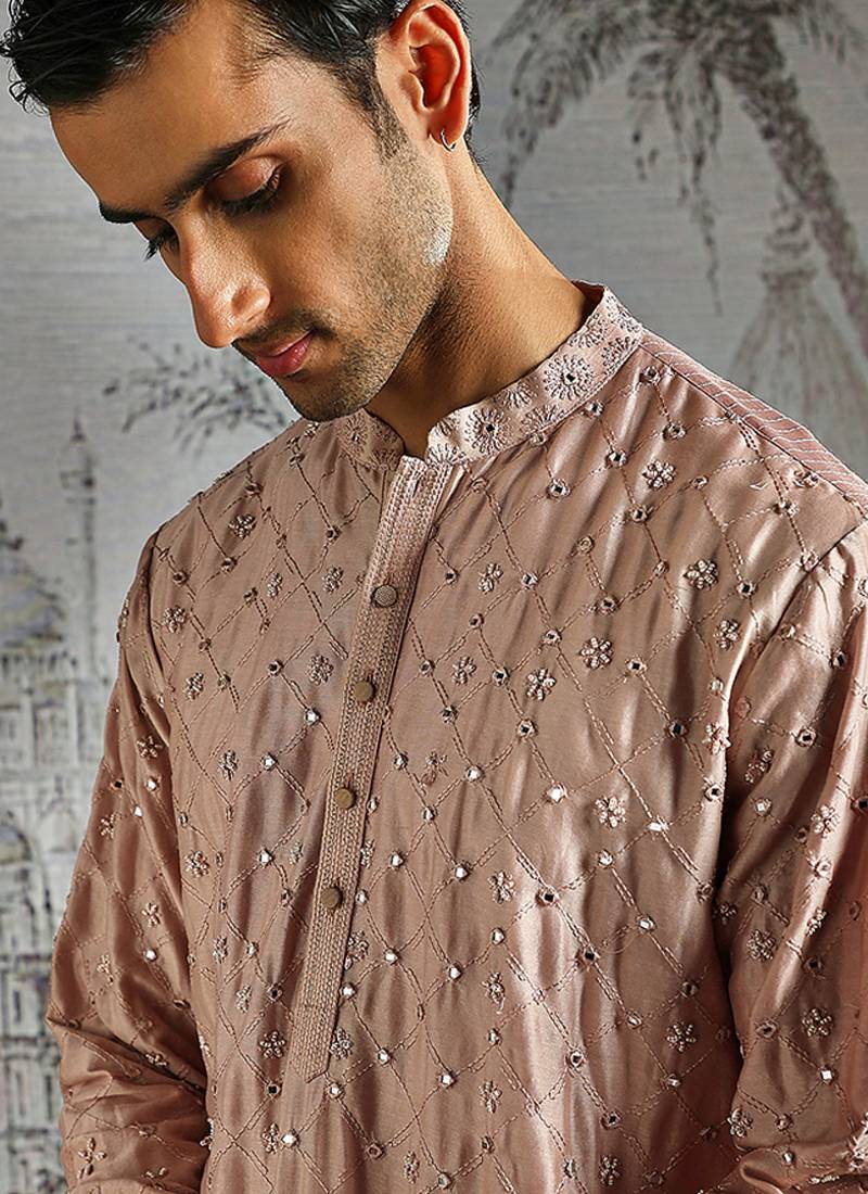 Blush Pink embroidered chanderi silk kurta set