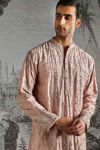 pink work chanderi silk kurta set for men