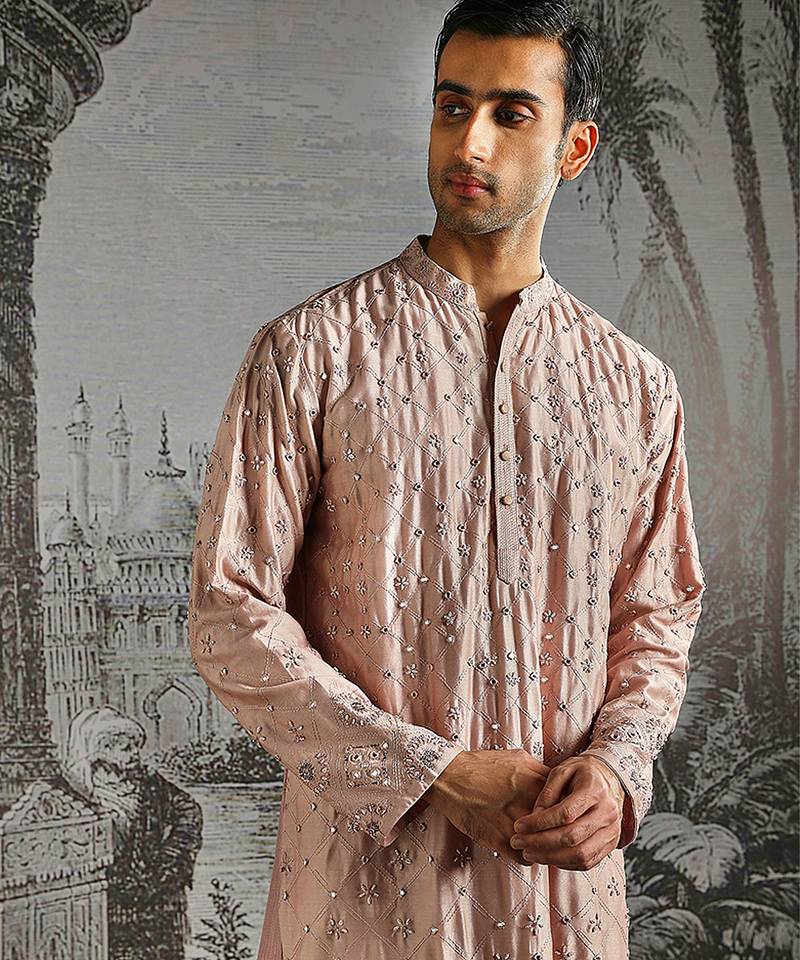 Blush Pink embroidered chanderi silk kurta set
