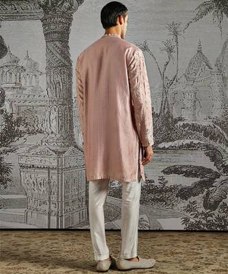 pink work chanderi silk kurta set for men 5