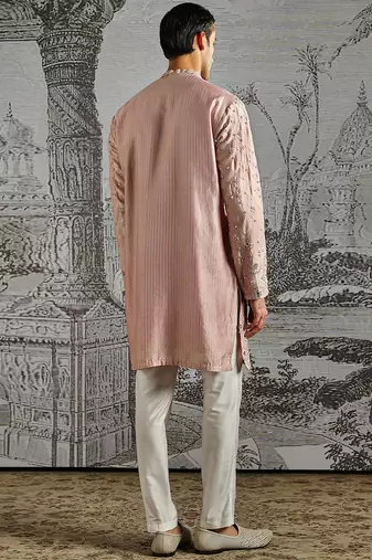 pink work chanderi silk kurta set for men