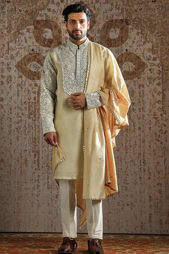 Gold embroidered tissue kurta set