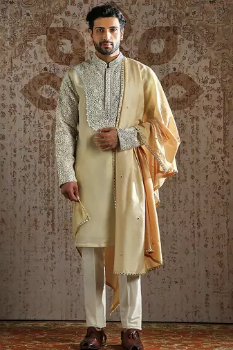 Gold embroidered tissue kurta set