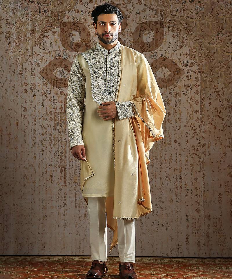 Gold embroidered tissue kurta set