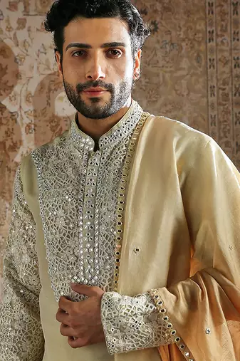 Gold embroidered tissue kurta set