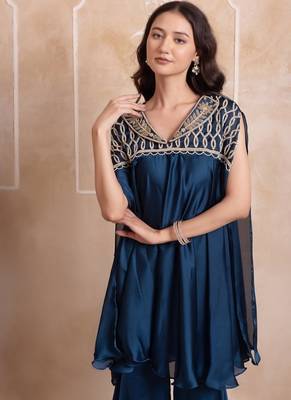 Teal blue satin handwork coord set 3