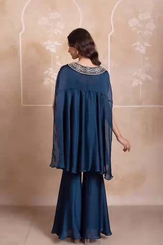 Teal blue satin handwork coord set