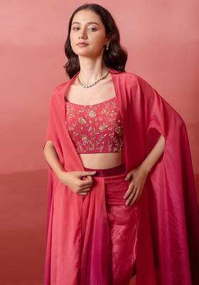 Pink ombre pre-drape skirt with handwork blouse & ombre dupatta 2