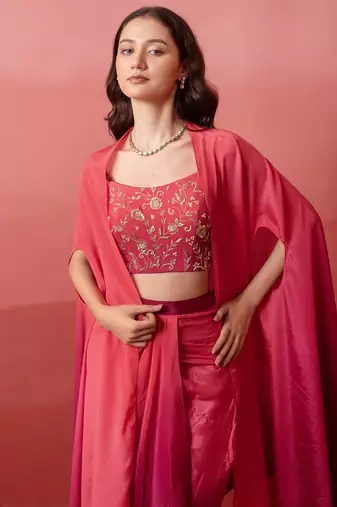 Pink ombre pre-drape skirt with handwork blouse & ombre dupatta