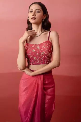 Pink ombre pre-drape skirt with handwork blouse & ombre dupatta
